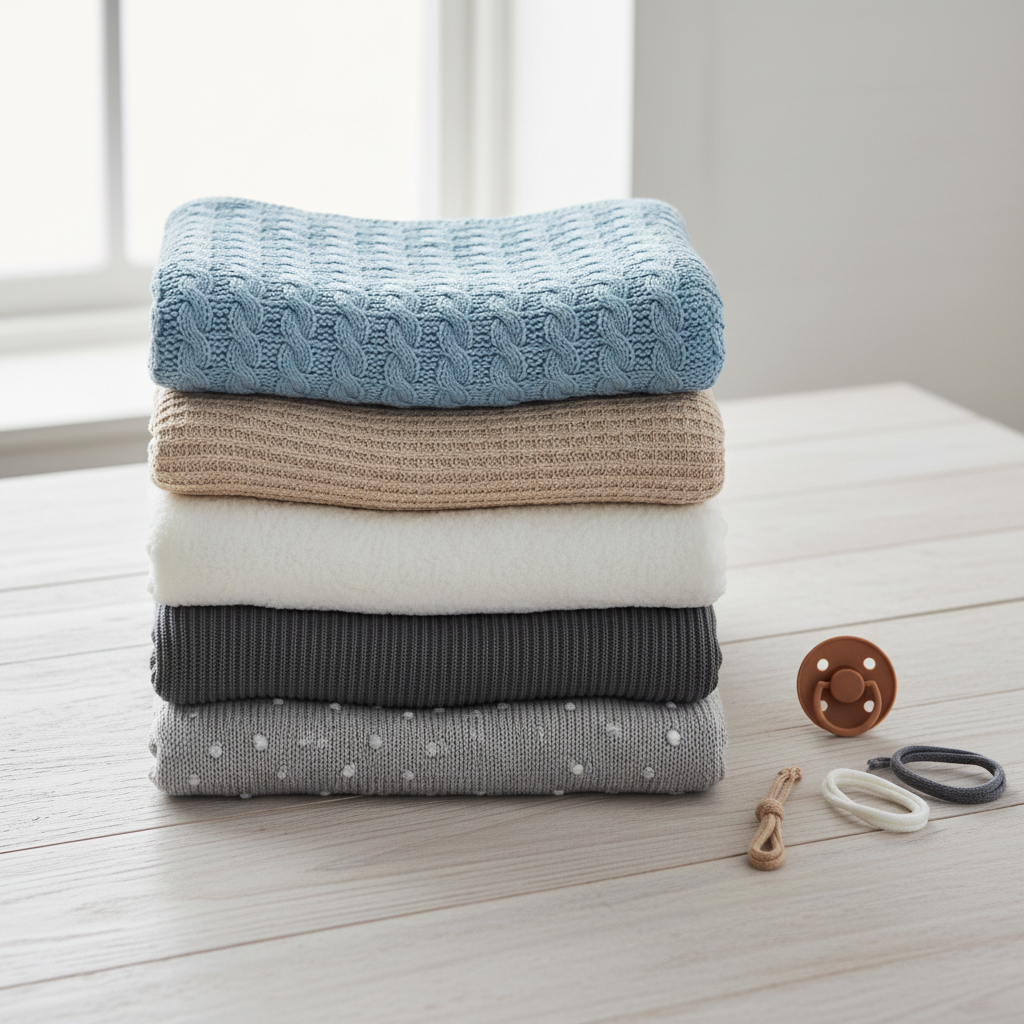 Stacked knitted baby blankets in blue, beige, white, charcoal and grey on a wooden table