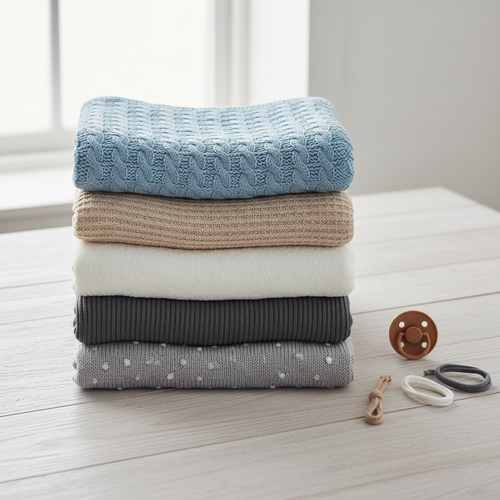 Stacked knitted baby blankets in blue, beige, white, charcoal and grey on a wooden table