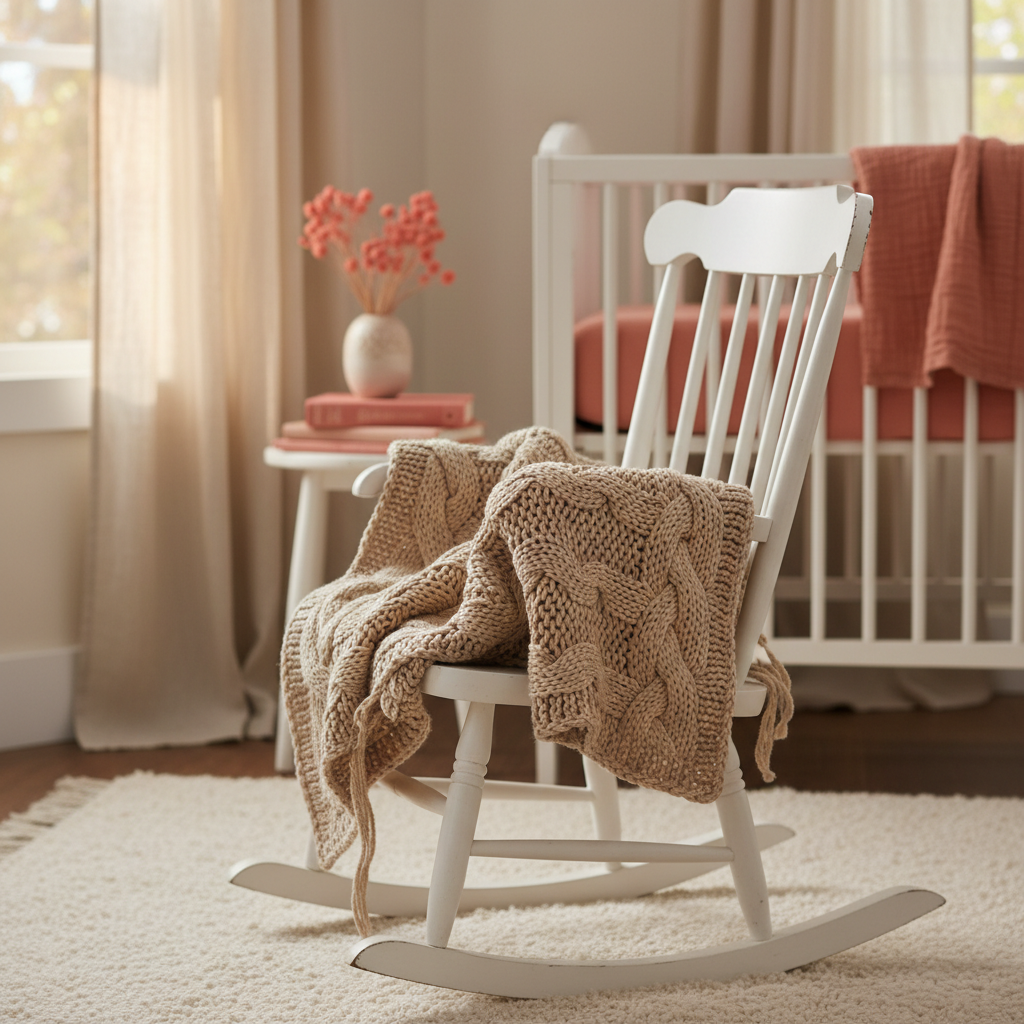 Kitted Blanket in warm beige draped over a wooden cot in a cosy nursery