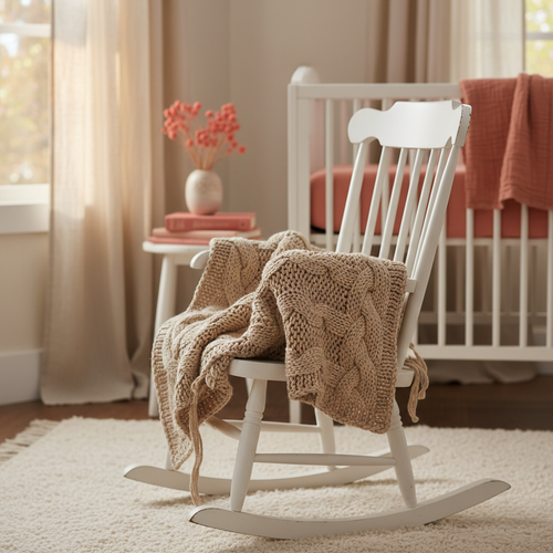 Kitted Blanket in warm beige draped over a wooden cot in a cosy nursery
